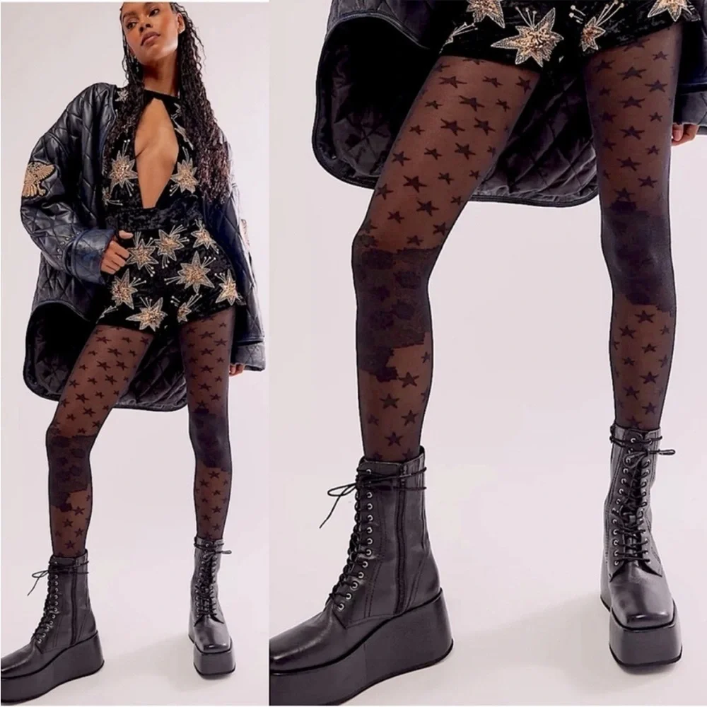 NWT Free People Starburst Tights With Floral Lace Knees One Size